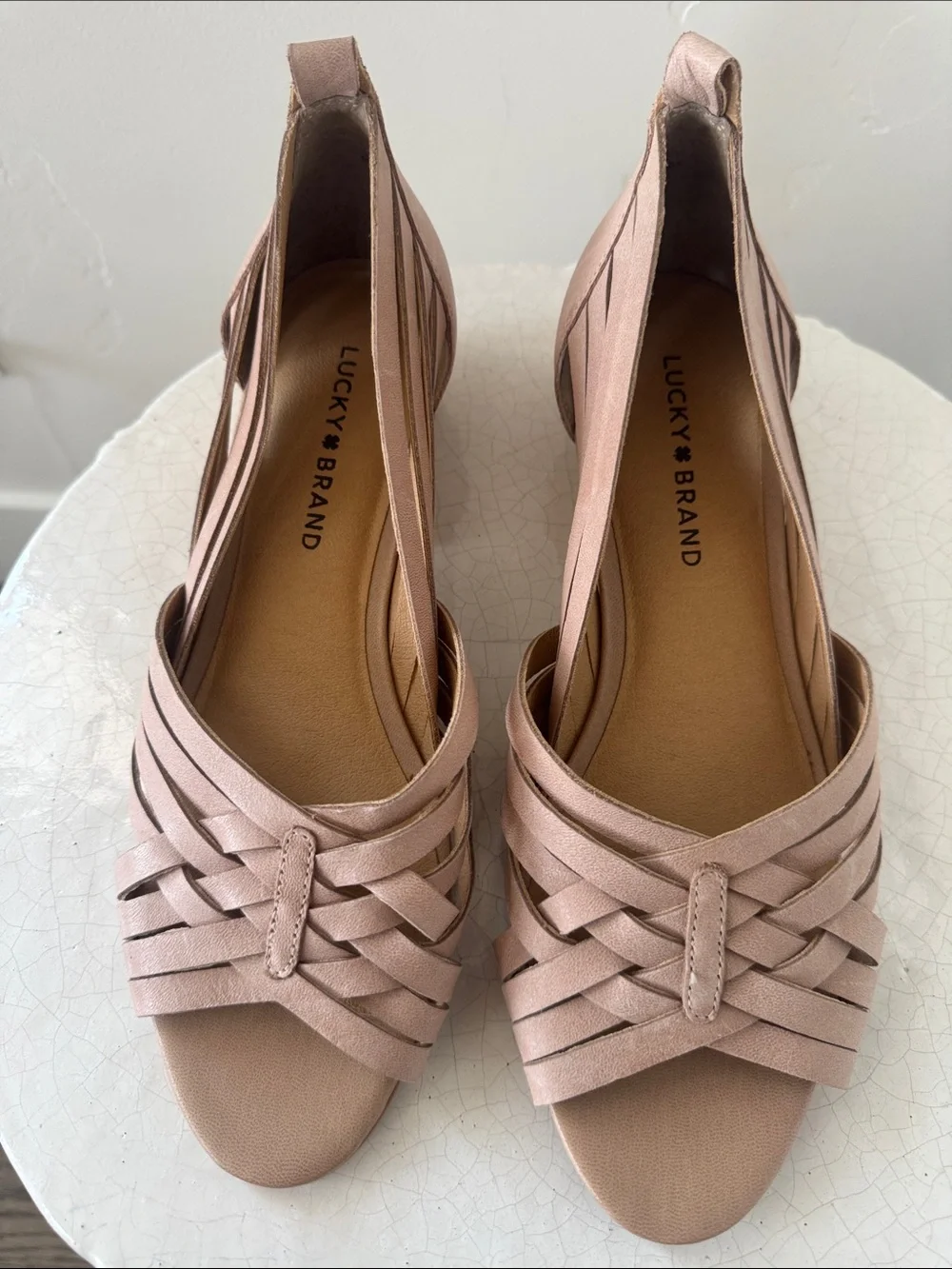 Lucky Brand Blush Pink Leather Woven Block Heel Sandals Open Toe Casual Size 9